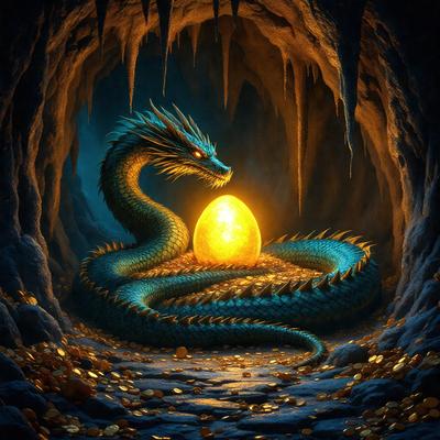 Primary subject: A blue dragon holding an egg.

Setting/background: The dragon is in a cave, surrounded by gold coins.

Visual style: The image is a digital art illustration.

Colors and mood: The dominant colors are blue and gold, creating a sense of mystery and treasure.
